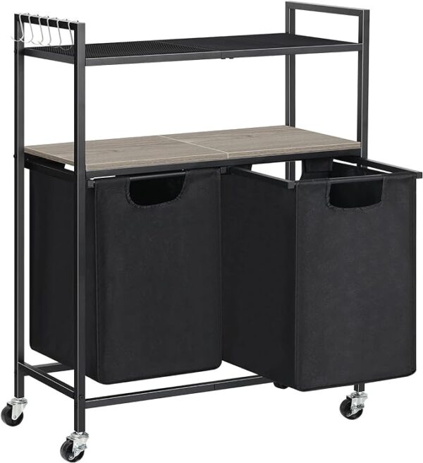 Laundry Hamper, Laundry Sorter 2 Section with Shelf Laundry Basket with Lid and Wheels Laundry Room Organization and Storage Dirty Clothes Hampers with 2 Pull-Out Bags for Home, Grey 2