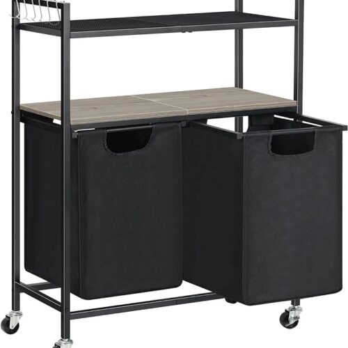 Laundry Hamper, Laundry Sorter 2 Section with Shelf Laundry Basket with Lid and Wheels Laundry Room Organization and Storage Dirty Clothes Hampers with 2 Pull-Out Bags for Home, Grey