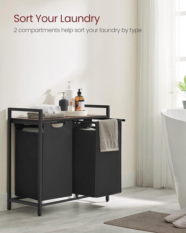 VASAGLE Laundry Hamper, Laundry Basket, Laundry Sorter with 2 Pull-Out and Removable Bags, Shelf, Metal Frame, 2 x 12.1 Gallons (46L), 28.8 x 13 x 28.4 Inches, Rustic Brown and Black UBLH201B01 2