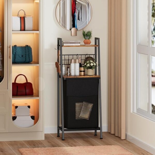 Furnulem 2 Tiers Laundry Hamper with Wooden Shelf and Hooks, Vertical Laundry Basket with Pull-Out and Removable Bag, Clothes Hamper with Divided Bag for Laundry Room, Bathroom, Bedroom, Dorm 3