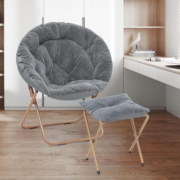 Magshion Round Foldable Oversized Moon Saucer Chair for Adults with Ottoman Foot Rest Large Cozy Chair for Bedroom, Gray 3