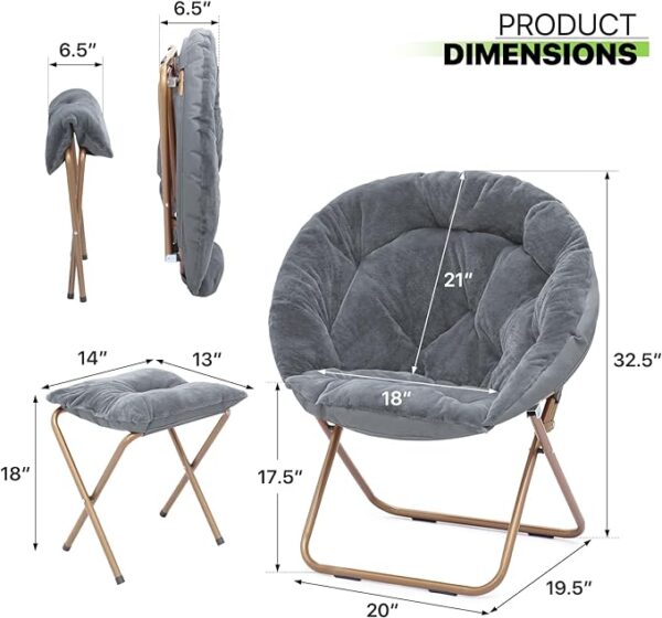 Magshion Round Foldable Oversized Moon Saucer Chair for Adults with Ottoman Foot Rest Large Cozy Chair for Bedroom, Gray 2