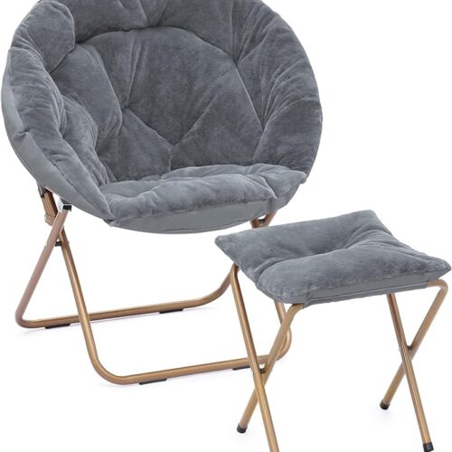 Magshion Round Foldable Oversized Moon Saucer Chair for Adults with Ottoman Foot Rest Large Cozy Chair for Bedroom, Gray