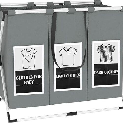 C&AHOME Laundry Basket 3 Sections, 135L Foldable Laundry Hamper Basket Sorter with Waterproof Oxford Bag and Aluminum Frame, Laundry Sorter Storage Dirty Clothes Bag for Bathroom Bedroom, Grey AFLH03G