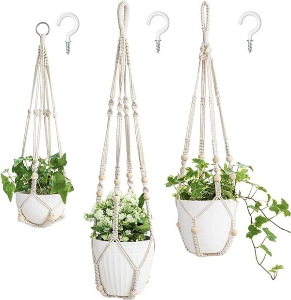 Mkono 3 Pack Macrame Plant Hangers Indoor Different Size Hanging Planter Basket Flower Pot Holder with Beads No Tassels 35"/29"/23", Medium, Ivory 1