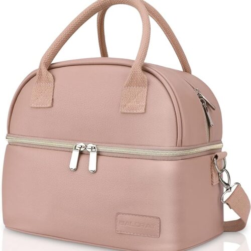 BALORAY Lunch Bag for Women Men, Double Deck Lunch Box for Adults, PU Leather Lunch Tote Bag Insulated Lunch Bags with Strap for Work Office Picnic (Pink)