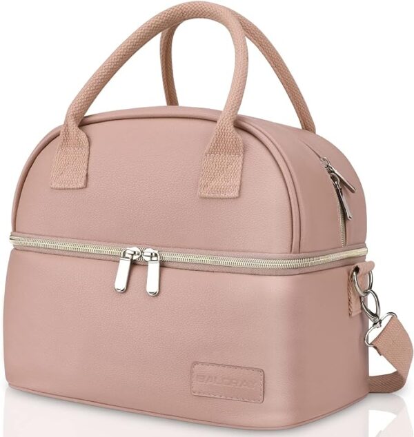 BALORAY Lunch Bag for Women Men, Double Deck Lunch Box for Adults, PU Leather Lunch Tote Bag Insulated Lunch Bags with Strap for Work Office Picnic (Pink) 1