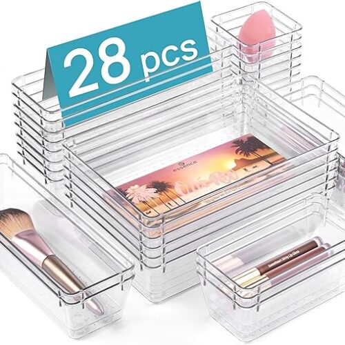Vtopmart 28 PCS Clear Plastic Drawer Organizers Set, 4-Size Bathroom and Vanity Drawer Organizer Trays, Acrylic Storage Bins for Makeup, Cosmetic, Kitchen Utensils, Tool Organizer for Gadgets