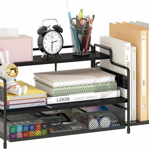 bukfen Office Desk Organizer with Upright File Holder, 2-Tier Office Desktop Organizer Shelf and one Sliding Drawer, Desk File Organizer and Storage Multi-Functional for Office, School, Home,Black