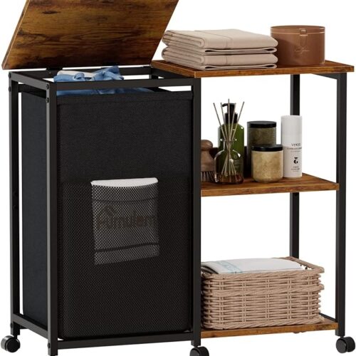 Furnulem Laundry Cart with Wooden Side Shelf and Laundry Bag, Laundry Hamper with Lid & Wheels, Rolling Laundry Basket with Side Pockets, Clothes Hamper Organizer for Bathroom, Bedroom, Laundry Room