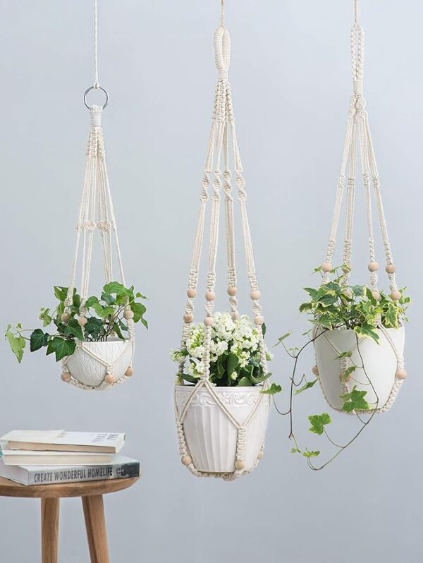 Mkono 3 Pack Macrame Plant Hangers Indoor Different Size Hanging Planter Basket Flower Pot Holder with Beads No Tassels 35"/29"/23", Medium, Ivory 2