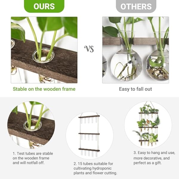 Mkono Plant Propagation Tubes, 3 Tiered Wall Hanging Terrarium with Wooden Stand Mini Test Tube Flower Vase Glass Planter Stations for Hydroponic Cutting Home Garden Office Decor Plant Lover Gift 2