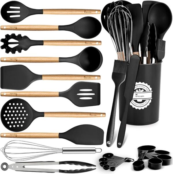 Kitchen Utensils Set, Kikcoin Wood Handle Silicone Cooking Utensils Set with Holder, Spatulas Silicone Heat Resistant Cooking Gadgets for Nonstick Cookware