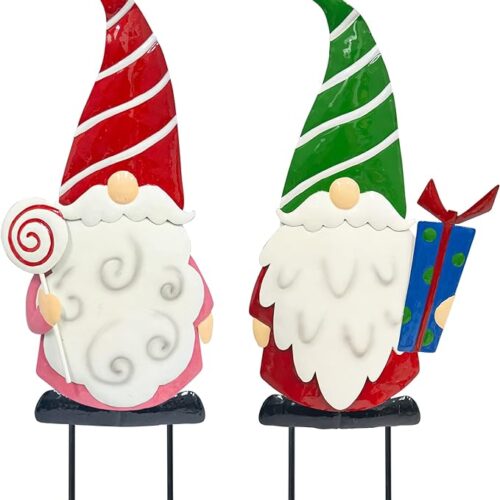 Hourleey 2 Pack 1.7 FT Christmas Yard Stakes, Metal Gnome Yard Signs Christmas Outdoor Decorations for Outside Holiday Xmas Garden Lawn Home Pathway Patio Decor