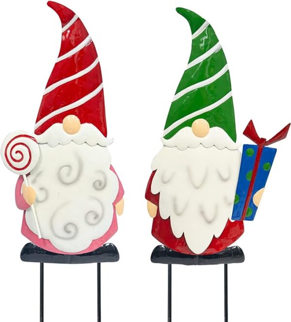 Hourleey 2 Pack 1.7 FT Christmas Yard Stakes, Metal Gnome Yard Signs Christmas Outdoor Decorations for Outside Holiday Xmas Garden Lawn Home Pathway Patio Decor 1