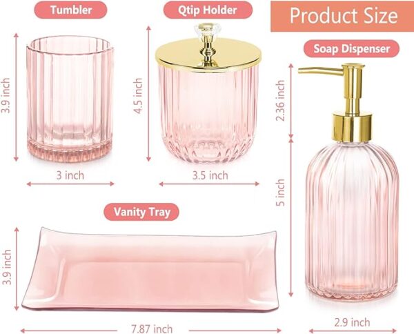 Bathroom Accessories Set, 4 Pcs Glass Bathroom Accessories Sets Complete w/Lotion Soap Dispenser, Toothbrush Holder, Apothecary Jar, Vanity Tray, Modern Bathroom Decor, Gift for Home Apartment- Pink 2