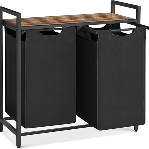 VASAGLE Laundry Hamper, Laundry Basket, Laundry Sorter with 2 Pull-Out and Removable Bags, Shelf, Metal Frame, 2 x 12.1 Gallons (46L), 28.8 x 13 x 28.4 Inches, Rustic Brown and Black UBLH201B01