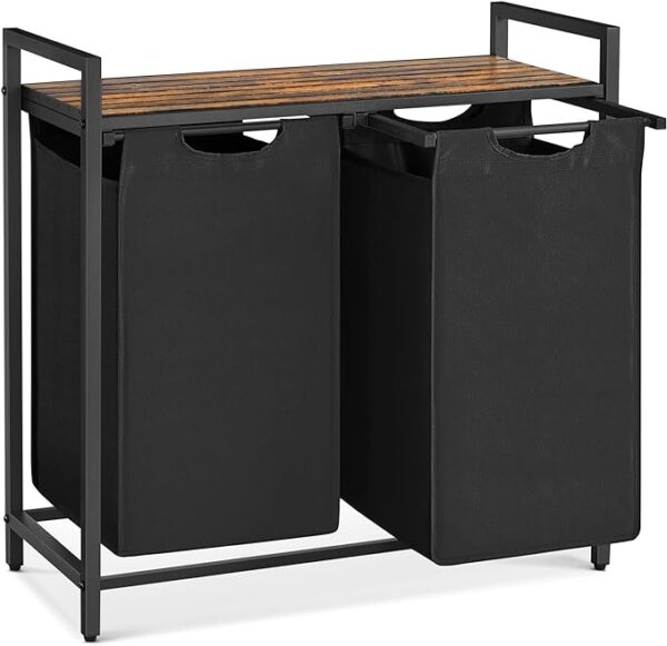 VASAGLE Laundry Hamper, Laundry Basket, Laundry Sorter with 2 Pull-Out and Removable Bags, Shelf, Metal Frame, 2 x 12.1 Gallons (46L), 28.8 x 13 x 28.4 Inches, Rustic Brown and Black UBLH201B01 1