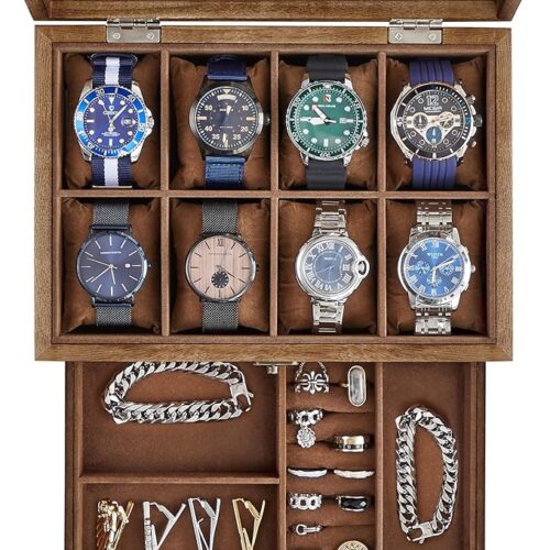 SONGMICS 8-Slot Watch Box, 2-Tier Watch Display Case with Large Glass Lid, Removable Watch Pillows, Velvet Lining, Jewelry Box, Gift Idea, Rustic Walnut UJOW008K01