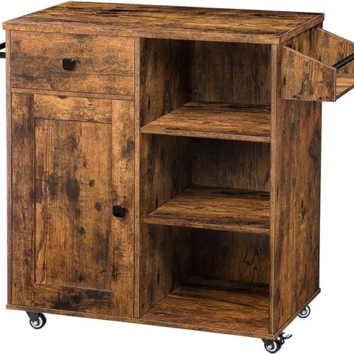 HOOBRO Kitchen Island, Storage Cabinet with Drawer, Kitchen Cart with Spice and Towel Rack, Saving Space, Easy Assembly, for Living Room, Rustic Brown BF12ZD01