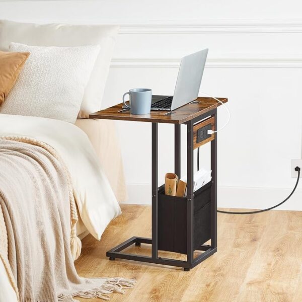 HOOBRO C Shaped Side Table with Charging Station, Foldable End Table with Fabric Bag, Sofa Couch Table Coffee Table Snack Table for Small Space Living Room, Bedroom, Rustic Brown and Black BF30USF01 3