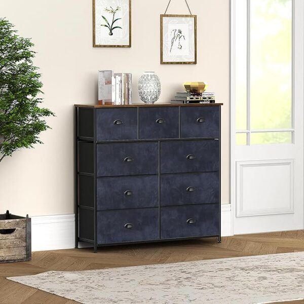 Lifetime Home 9-Drawer Fabric Dresser Storage for Bedroom, Closet, Hallway, Nursery, Chest Organizer with Fabric Bins - Easy to Pull Handle, Steel Frame, Wooden Top - Dark Blue Drawers & Wood Top