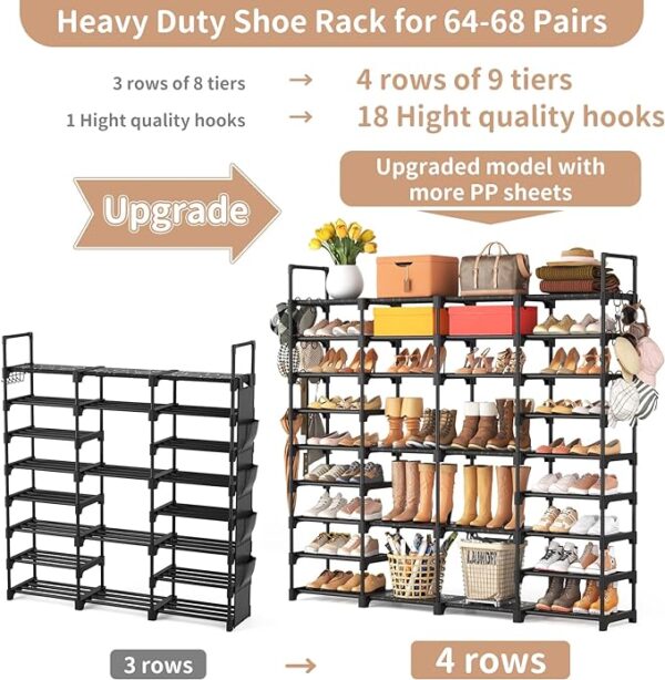 ROJASOP Large Shoe Rack Organizer for Entryway Closet 64-68 pairs 9-Tier Heavy Duty Tall Shoe Shelf Shoes Storage with 18 Pcs Removable Side Hooks for Bedroom and Garage Black 3