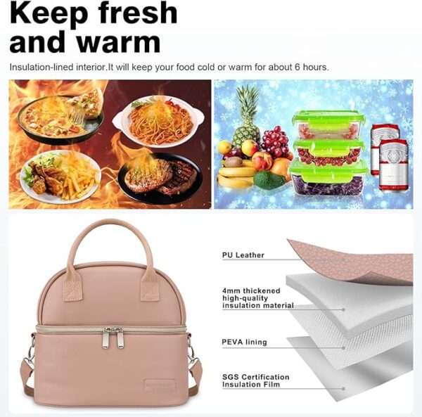 BALORAY Lunch Bag for Women Men, Double Deck Lunch Box for Adults, PU Leather Lunch Tote Bag Insulated Lunch Bags with Strap for Work Office Picnic (Pink) 2
