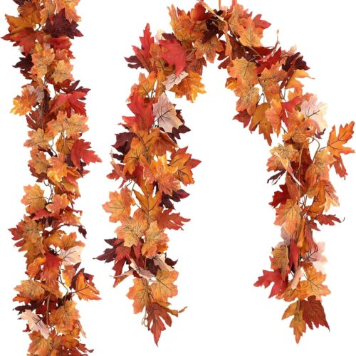 Topotdor 2 Pack Fall Maple Leaves Garland, 5.6Ft Maple Leaf Hanging Vines Artificial Autumn Foliage Garland, Fall Hanging Plants Thanksgiving Garland Decorations for Home Wedding Fireplace Party