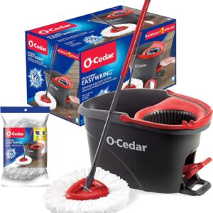 O-Cedar Easywring Microfiber Spin Mop & Bucket Floor Cleaning System with 1 Extra Refill,Red / Gray