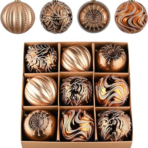 Valery Madelyn Christmas Ball Ornaments, 9ct Bronze Copper and Gold Shatterproof Christmas Tree Decorations Set, 3.94 Inches Luxury Brown Hanging Ornaments for Xmas Trees Bulk Holiday Decor