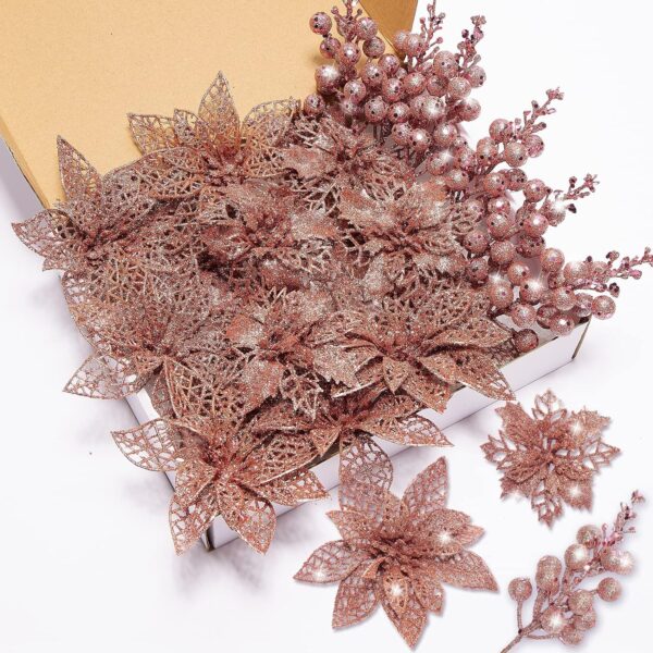 91Zu1dB2DnL._AC_SL1500_ 22Pcs Christmas Poinsettia Artificial Flowers and Glitter Berries Stems Kit, 16Pcs Christmas Tree Flowers Ornaments and 6 Pack Christmas Tree Picks for Wedding Holiday Decorations (Rose Gold)