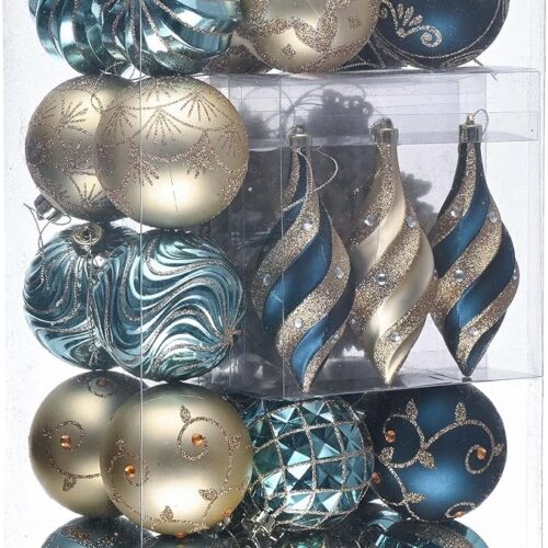 Valery Madelyn Christmas Ball Ornaments, 40ct Blue and Gold Shatterproof Christmas Tree Decorations Set, Peacock Hanging Ornaments for Xmas Trees Bulk Holiday Decor