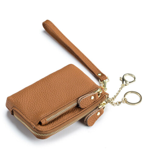 a1 Genuine Leather Woman Zip Coin Purse Cowhide Change Wallet Wristlet Bag Key Ring