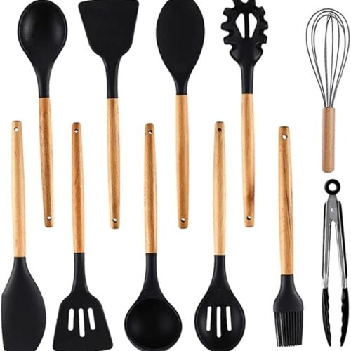 Heat Resistant black cooking utensils with Wooden Handle,black cooking utensil set (Black)