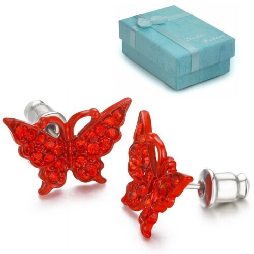Buyless Fashion Girls Butterfly Stud Earrings Crystal Stainless Steel Gift Box