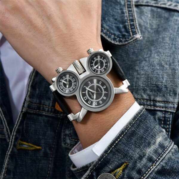 Quartz Watches 3 Time Zone Big Face Dial Leather Strap Steel Case Watch