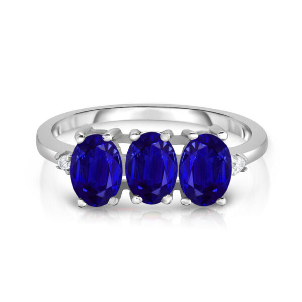 925 Sterling Silver 3.00 CTTW Created Sapphire Oval Cut Tri Stone Ring Size 6-9