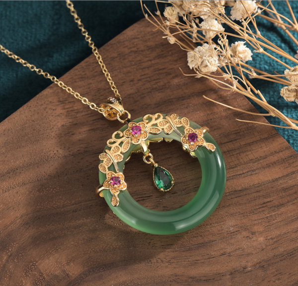 Jade Crystal Pendant Necklace Charm 18K Gold Plated Donut Ring Dainty Gemstone 3