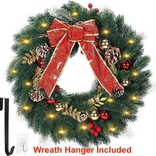 Christmas Wreath Holiday Decorated 20" Battery Powered Pre Lit Lights Decoration