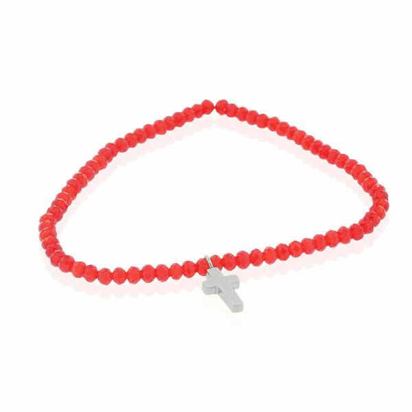 Stainless Steel Red Beads Silver-Tone Religious Cross Stretch Bracelet