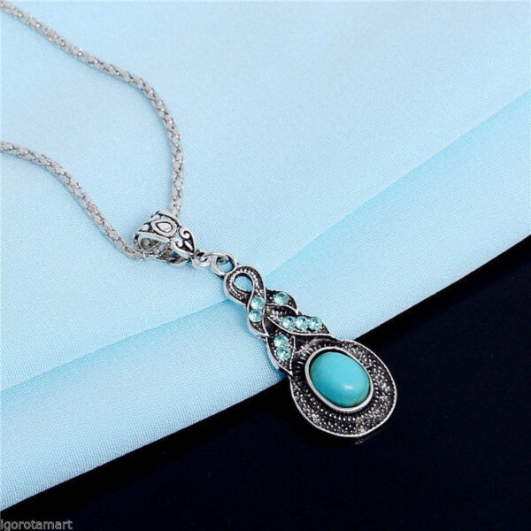 Silver Blue Turquoise Chain Crystal Pendant Necklace