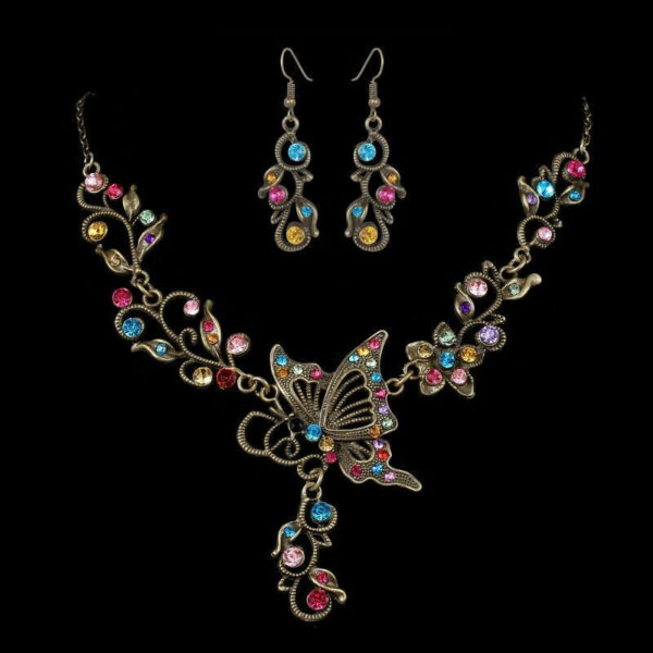 Retro Women Butterfly Flower Crystal Wedding Necklace Earrings Jewelry Set Hot