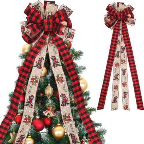 Christmas Tree Topper 57x 13 Inches Handmade Buffalo Plaid Bow Topper Decoration