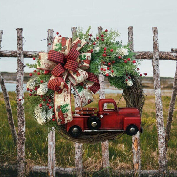 Christmas Red Truck Wreath Garland Decor Front Door Wall Home Decoration Xmas 3