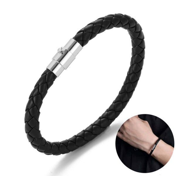 Black Braided Leather Silver Stainless Steel Cuban Chain Men's Bracelet Bangle