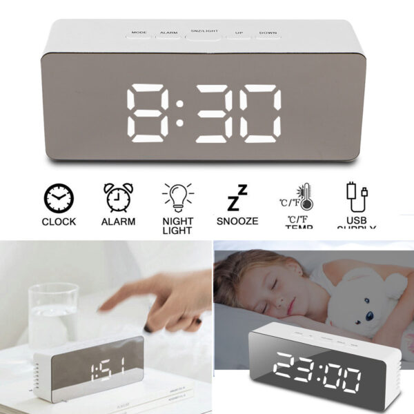 Alarm Clock Digital LED Display Portable Modern Battery Large Mirror USB Snooze