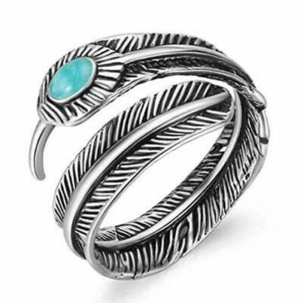 Maya's Grace Stainless Steel Feather Turquoise Adjustable Punk Ring for Women