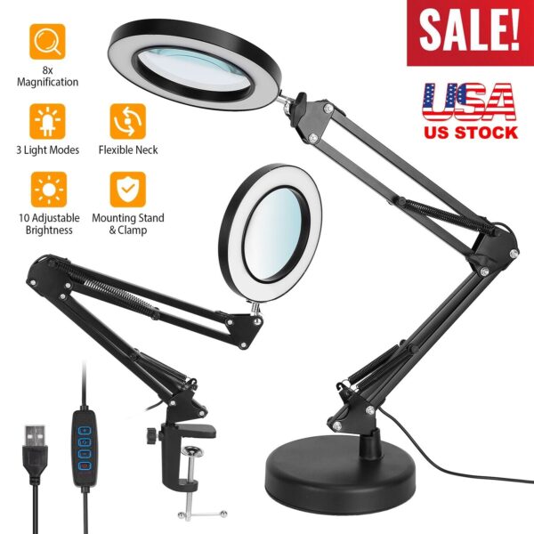s-l1600 (38) Magnifier LED Lamp 8X Magnifying Glass Desk Table Reading Light with Clamp Stand