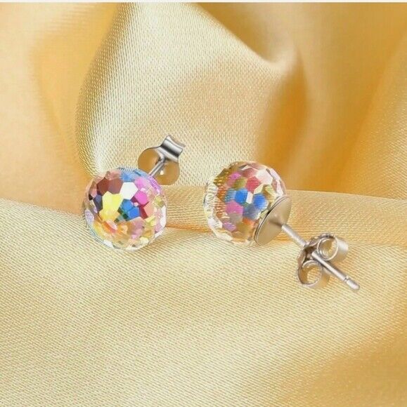 Aurora Borealis Disco Ball Round Crystal Stud Earrings Made With Swarovski 3